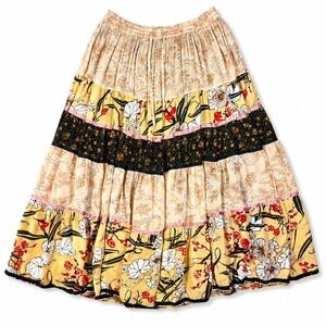 Anii By Natural Maxi Skirt Womens L Tan Floral Tiered Boho Peasant Rayon Hippie